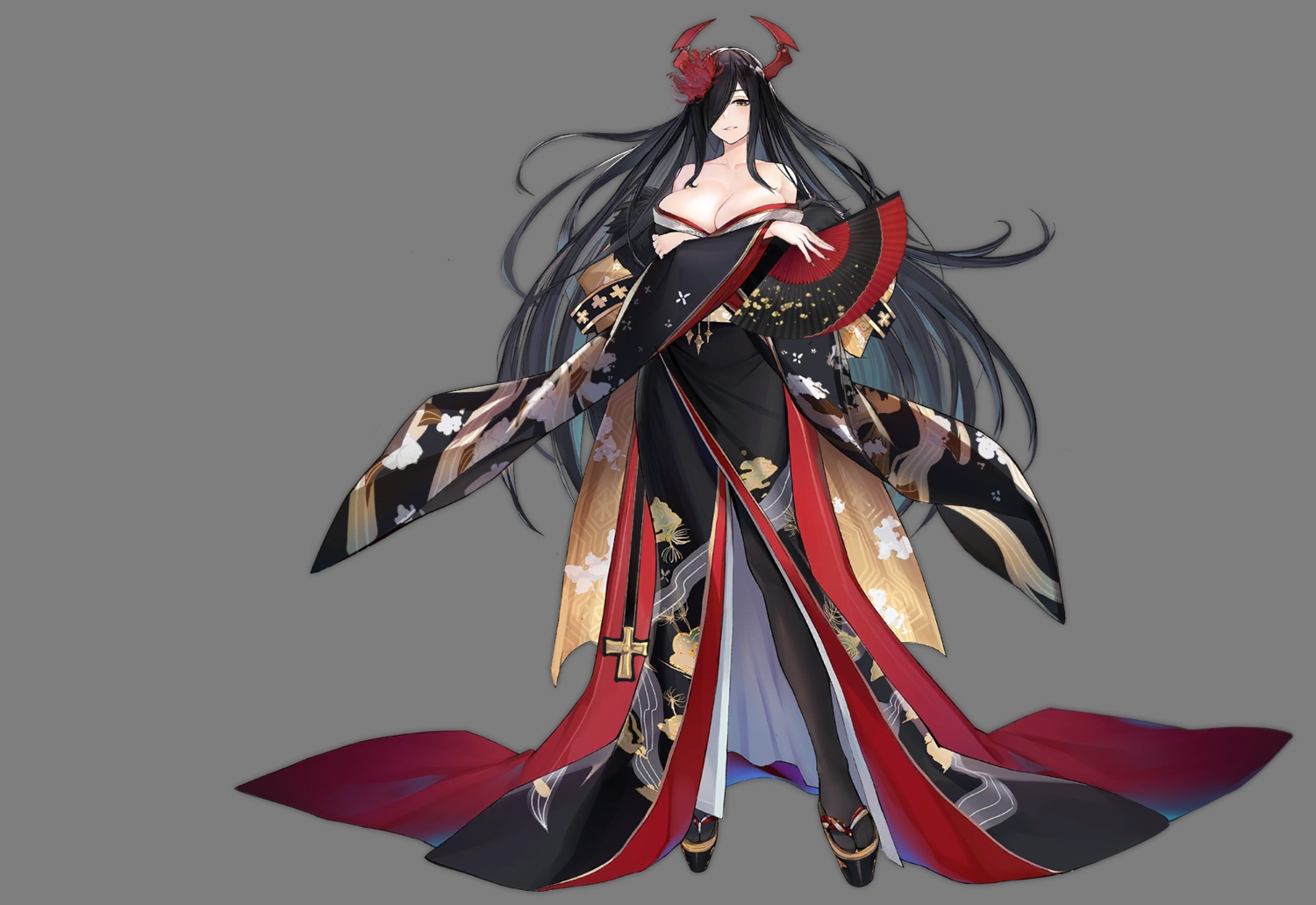 anthropomorphism, azur_lane, black_hair, breast_hold, breasts, cleavage, enka_(bcat), fan
