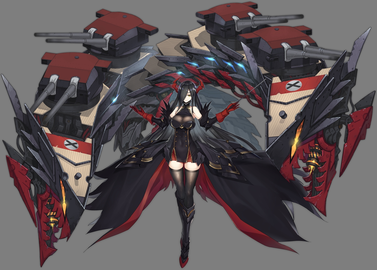 anthropomorphism, azur_lane, black_hair, boots, breasts, cleavage, dress, elbow_gloves
