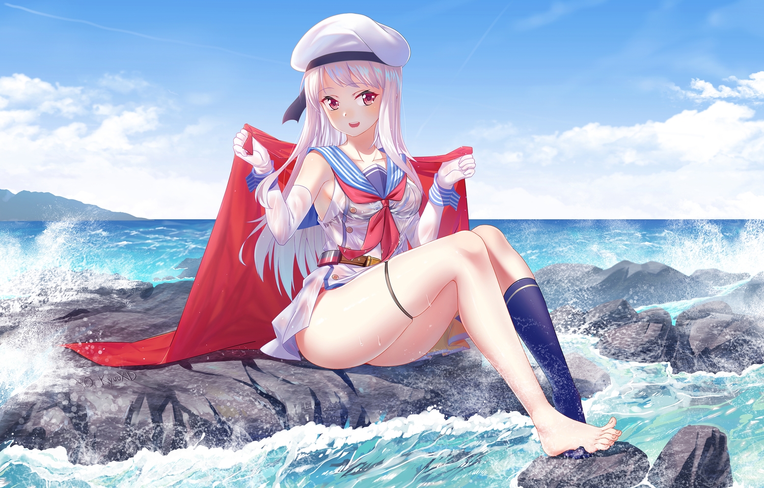 anthropomorphism, barefoot, cang_se_ye_hua, changchun_(zhanjian_shaonu), garter, school_uniform, signed, wet, zhanjian_shaonu