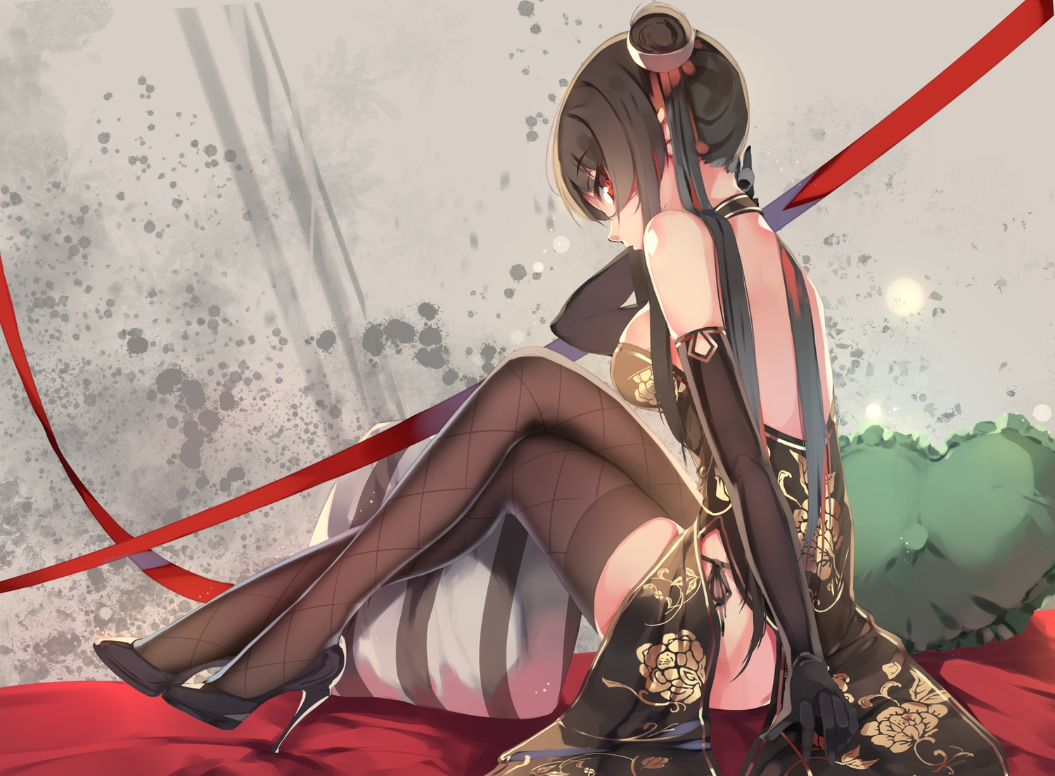 black_hair, chinese_clothes, chinese_dress, comic_aun, dress, elbow_gloves, gloves, kestrel, long_hair, red_eyes, thighhighs, tougetsu_matsuri, twintails