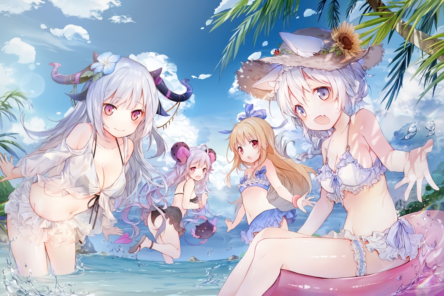 aliasing, amafuyu, animal, animal_ears, ass, bikini, blonde_hair, blue_eyes, blush, breasts, brown_eyes, cleavage, clouds, flowers, garter, gray_hair, hat, horns, law_of_creation, loli, long_hair, navel, purple_eyes, see_through, short_hair, sky, swim_ring, swimsuit, tagme_(character), tree, water, white_hair