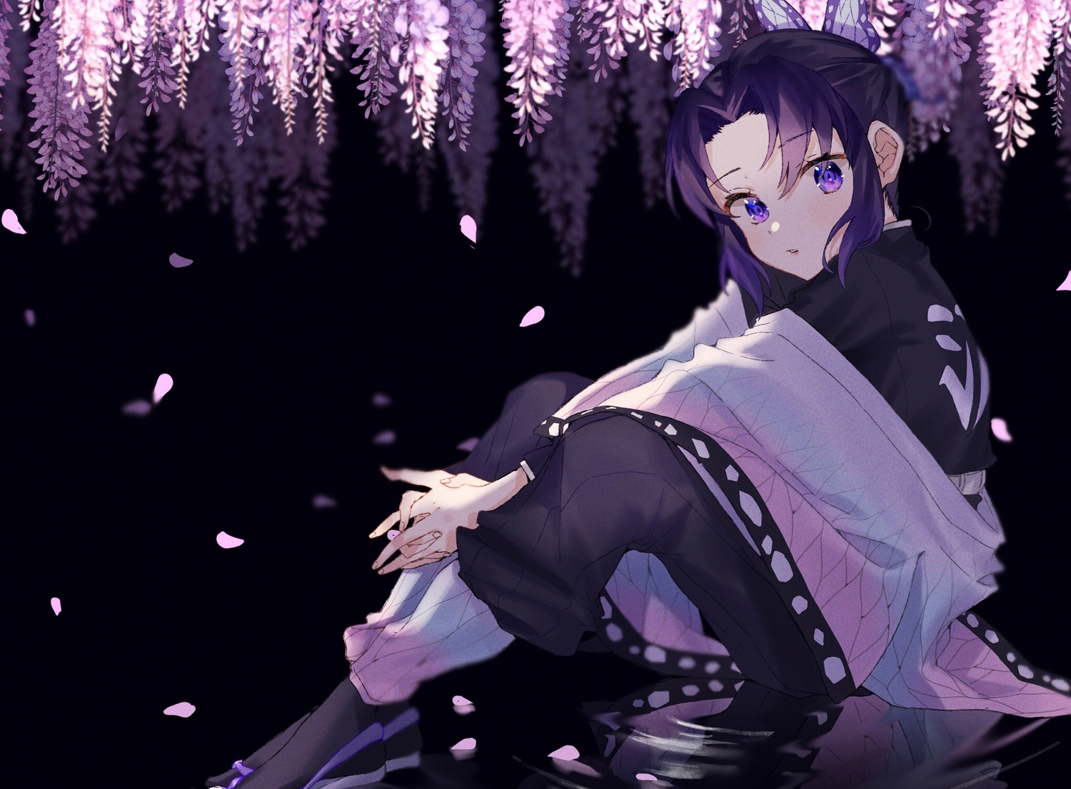 black_hair, flowers, japanese_clothes, kimetsu_no_yaiba, kochou_shinobu, onene_(ban), purple_eyes, reflection, uniform, water