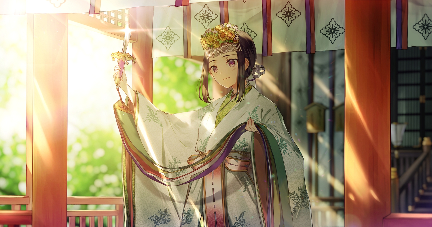bell, blush, brown_hair, headdress, japanese_clothes, knife, kusaka_kou, miko