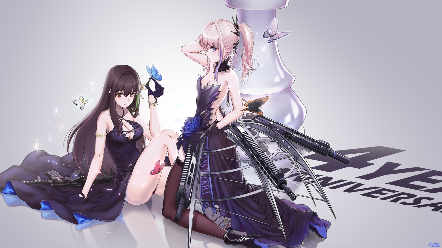 2girls, anthropomorphism, black_hair, blonde_hair, blue_eyes, boots, breasts, brown_eyes, butterfly, cleavage, dress, fagun_yibei, girls_frontline, gloves, gradient, gun, long_hair, m4a1_(girls_frontline), no_bra, ponytail, reflection, signed, st_ar-15_(girls_frontline), thighhighs, weapon, wristwear, zettai_ryouiki