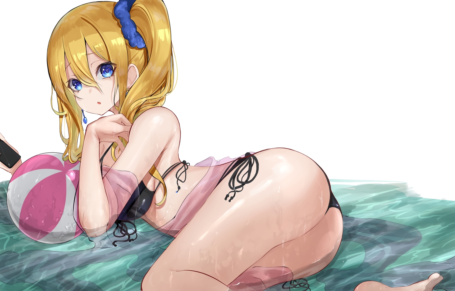 aqua_eyes, ball, bikini, blonde_hair, hayasaka_ai, kaguya-sama_wa_kokurasetai_~tensai-tachi_no_renai_zunousen~, long_hair, ponytail, r_(ryo), swimsuit, water, wet