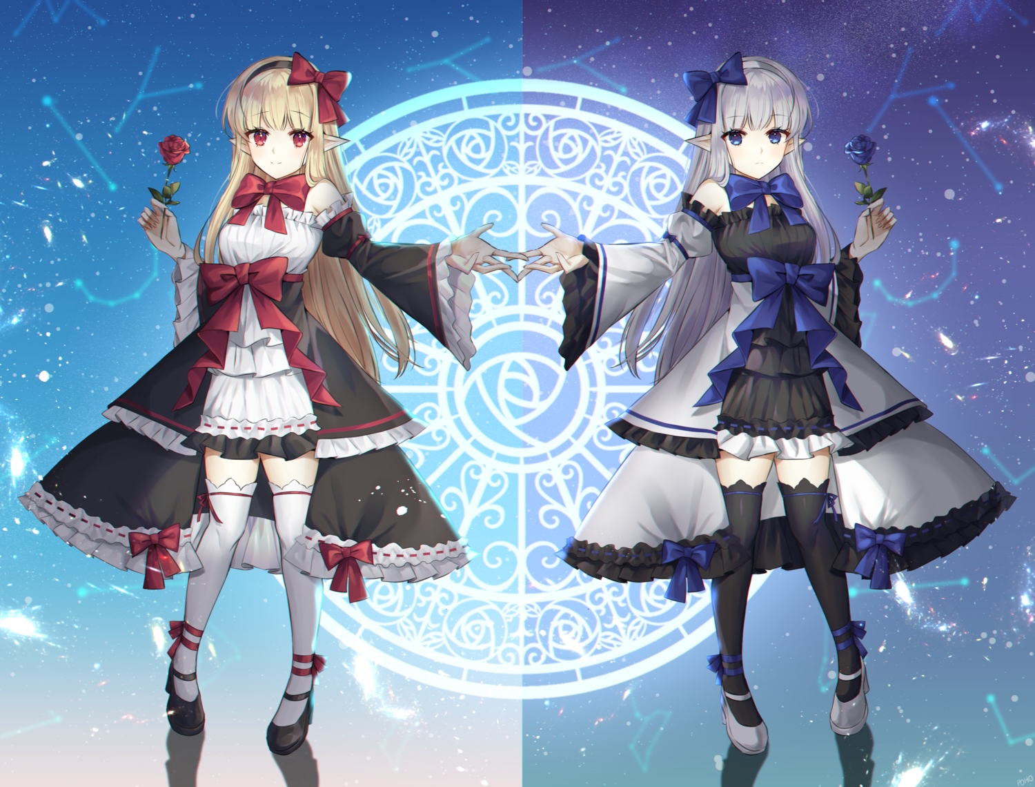 2girls, blonde_hair, blue_eyes, dress, dungeon_and_fighter, flowers, gray_hair, poho