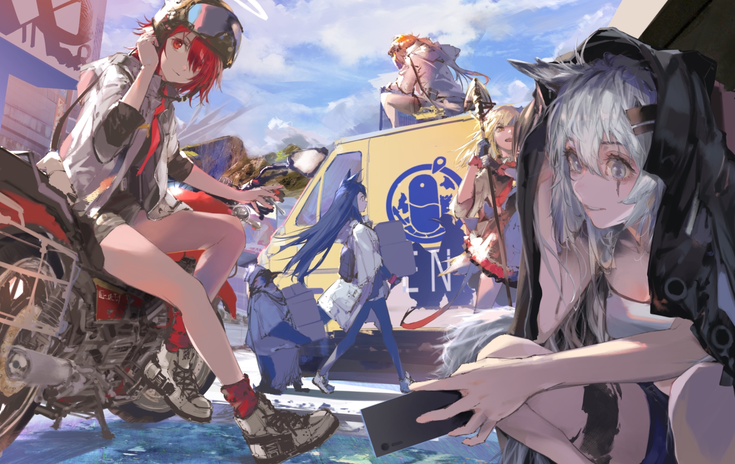 animal, animal_ears, arknights, bicycle, bird, blonde_hair, blue_eyes, blue_hair