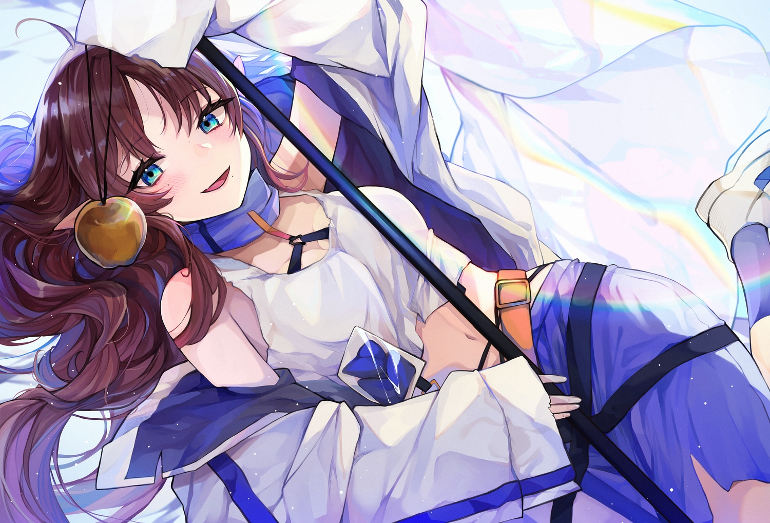 aqua_eyes, arknights, blush, breasts, brown_hair, cleavage, long_hair, mishasimarina0130, myrtle_(arknights), pointed_ears