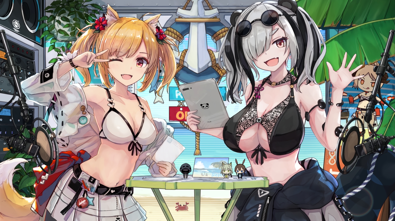 2girls, amiya_(arknights), animal_ears, arknights, blonde_hair, breasts, bunny_ears, bunnygirl, cleavage, doctor_(arknights), doll, fang, feater_(arknights), garter_belt, gray_hair, ifrit_(arknights), kal'tsit_(arknights), microphone, navel, open_shirt, skirt, sora_(arknights), sunglasses, tail, toyoharu, twintails