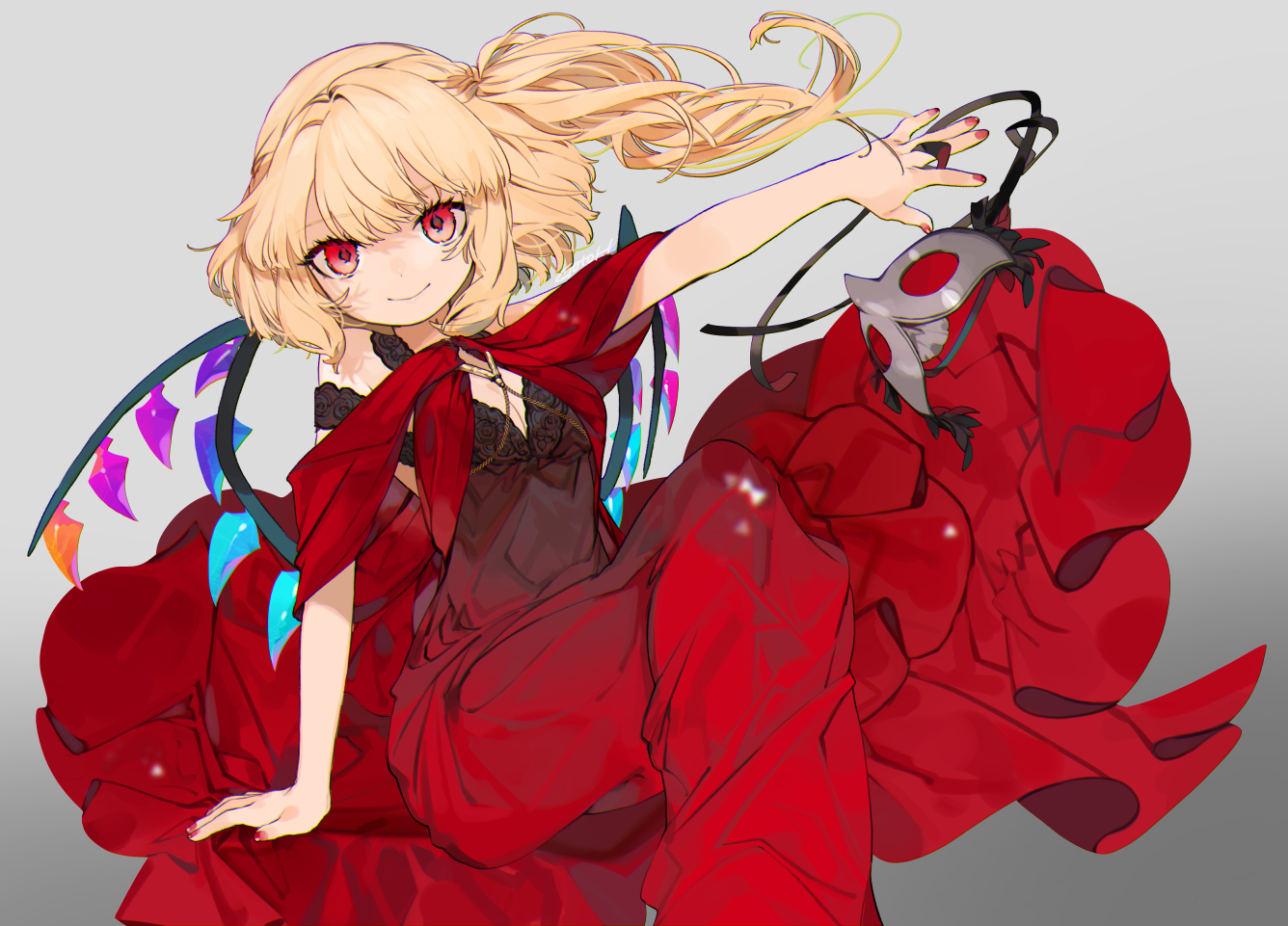 blonde_hair, dress, flandre_scarlet, gotoh510, gradient, mask, ponytail, red_eyes