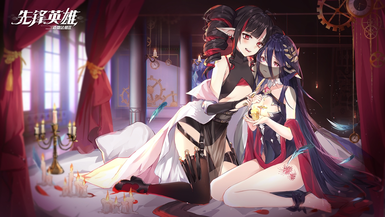 2girls, barefoot, black_hair, blush, dress, feathers, hum_(ten_ten), law_of_creation, logo, long_hair, pointed_ears, purple_eyes, red_eyes, see_through, tagme_(character), thighhighs, twintails