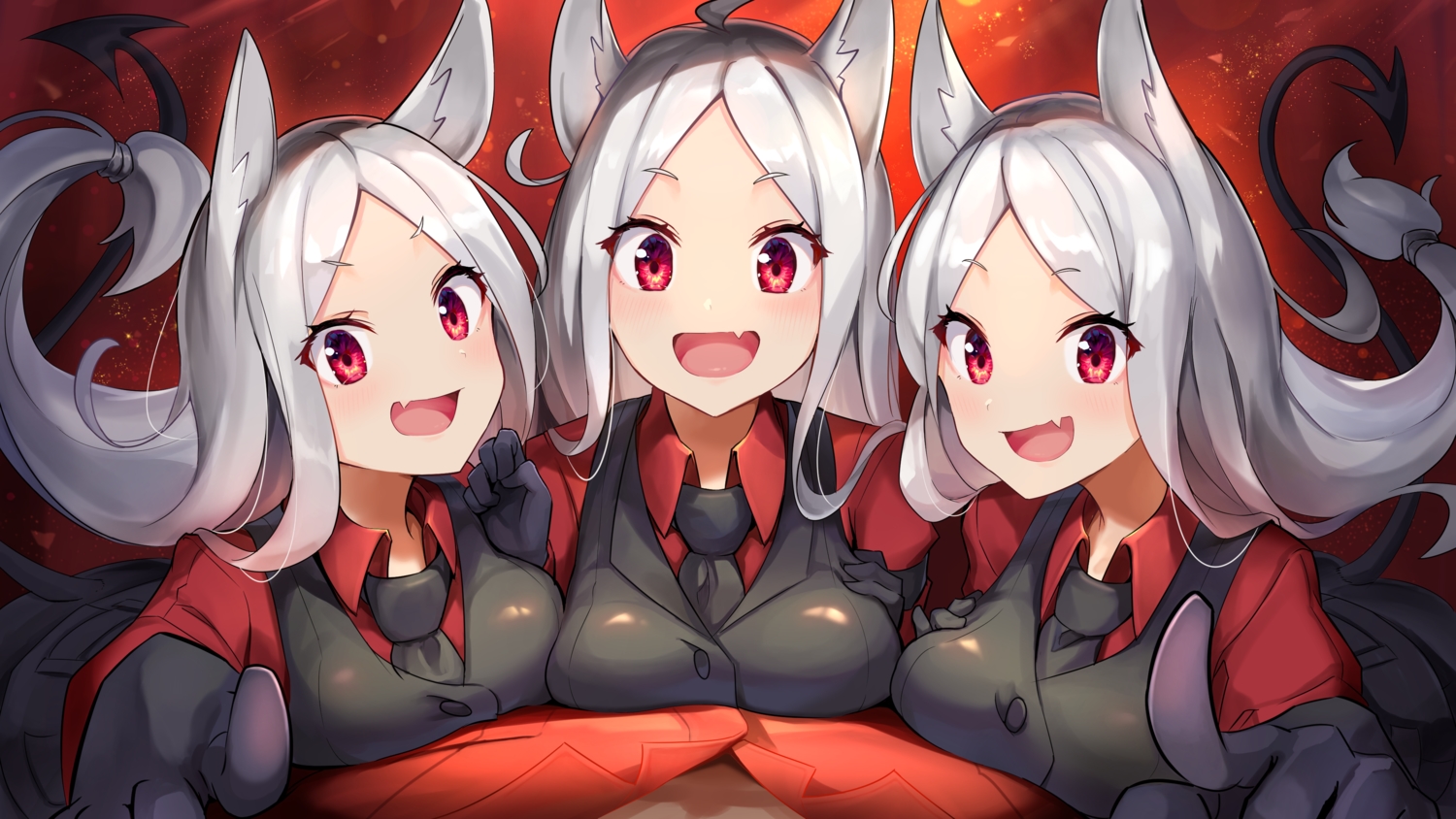 animal_ears, blush, breast_hold, breasts, cerberus_(helltaker), close, doggirl, fang, gloves, group, helltaker, long_hair, maeshimashi, male, red_eyes, tail, tie, white_hair