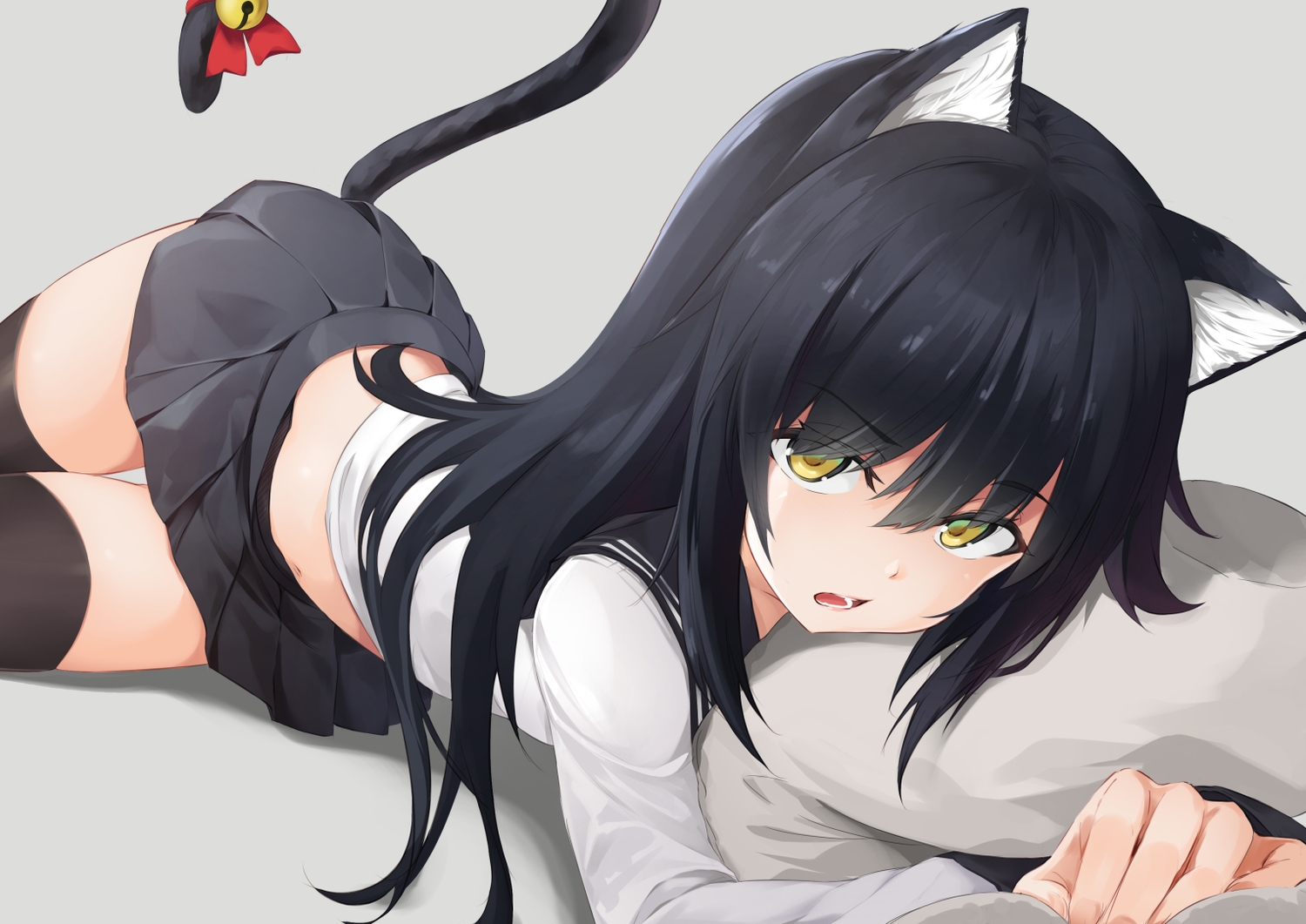 animal_ears, bell, bitterpain, black_hair, bow, catgirl, long_hair, navel, original, school_uniform, skirt, tail, thighhighs, yellow_eyes, zettai_ryouiki