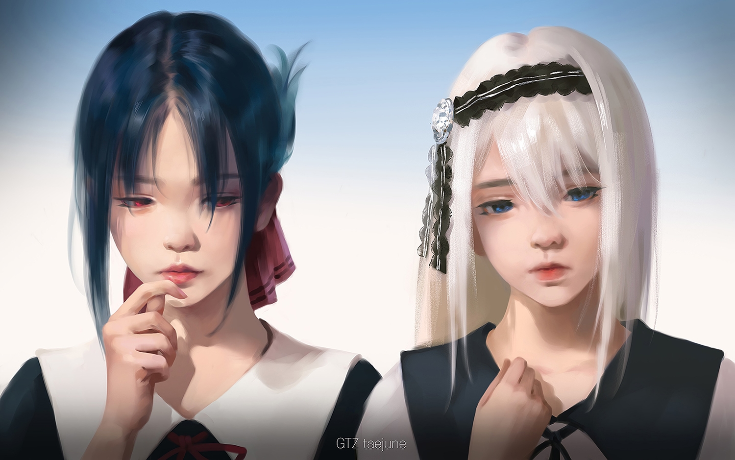 black_hair, blue_eyes, close, gradient, gray_hair, g-tz, kaguya-sama_wa_kokurasetai_~tensai-tachi_no_renai_zunousen~, realistic