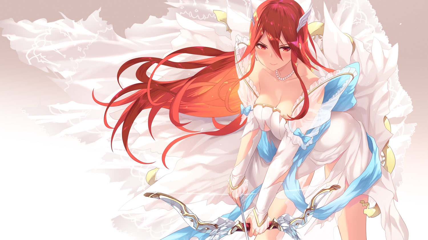 breasts, cait, cleavage, cordelia_(fire_emblem), fire_emblem, necklace, red_eyes, red_hair, weapon, wedding_attire