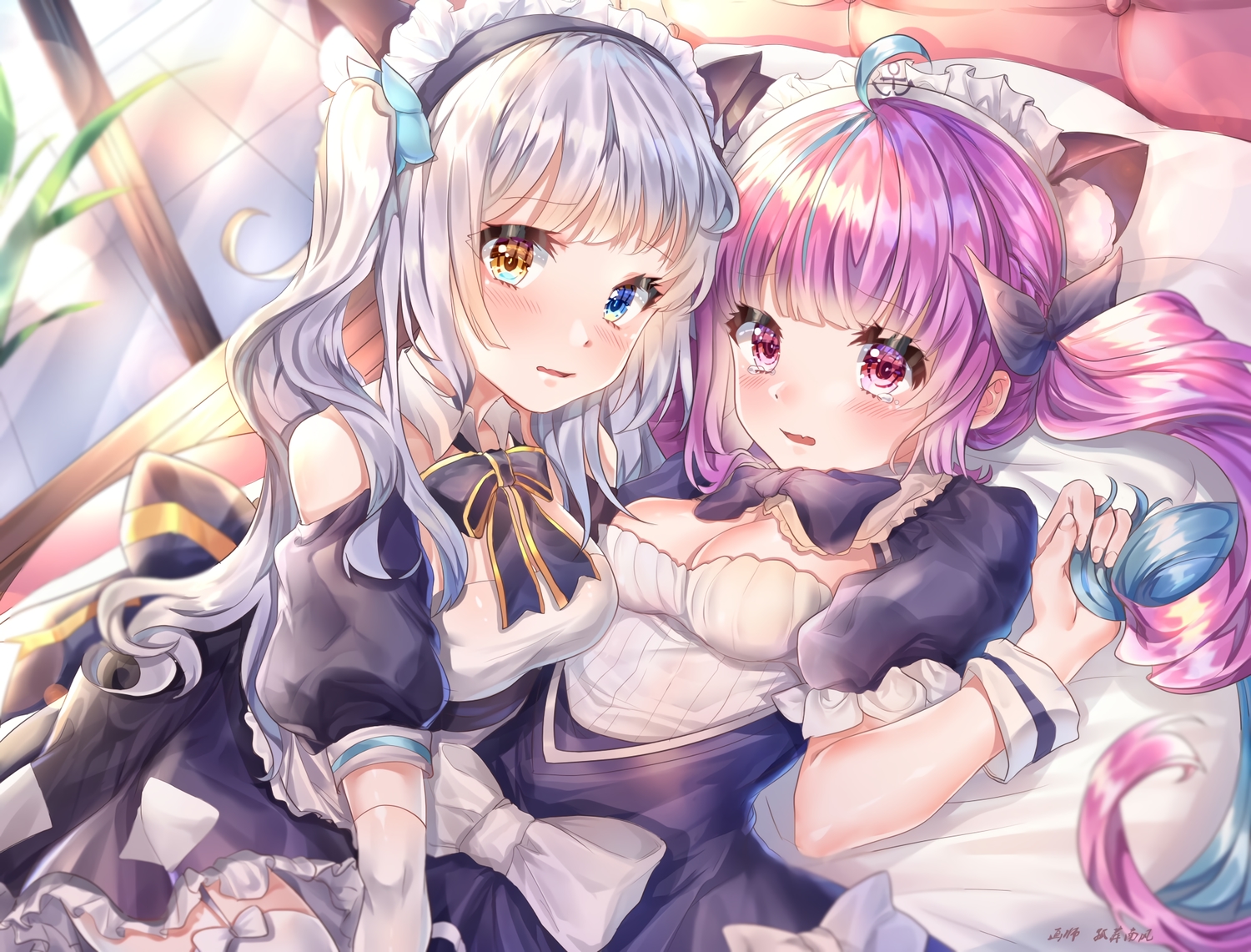 2girls, animal_ears, bed, bicolored_eyes, blush, bow, breasts, cleavage