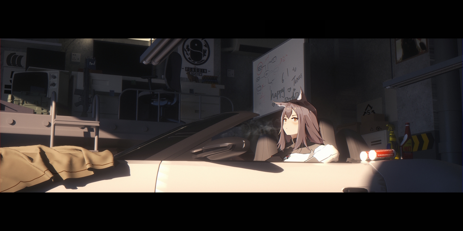 3d, animal_ears, arknights, bangeningmeng, car, long_hair, smoking, texas_(arknights)