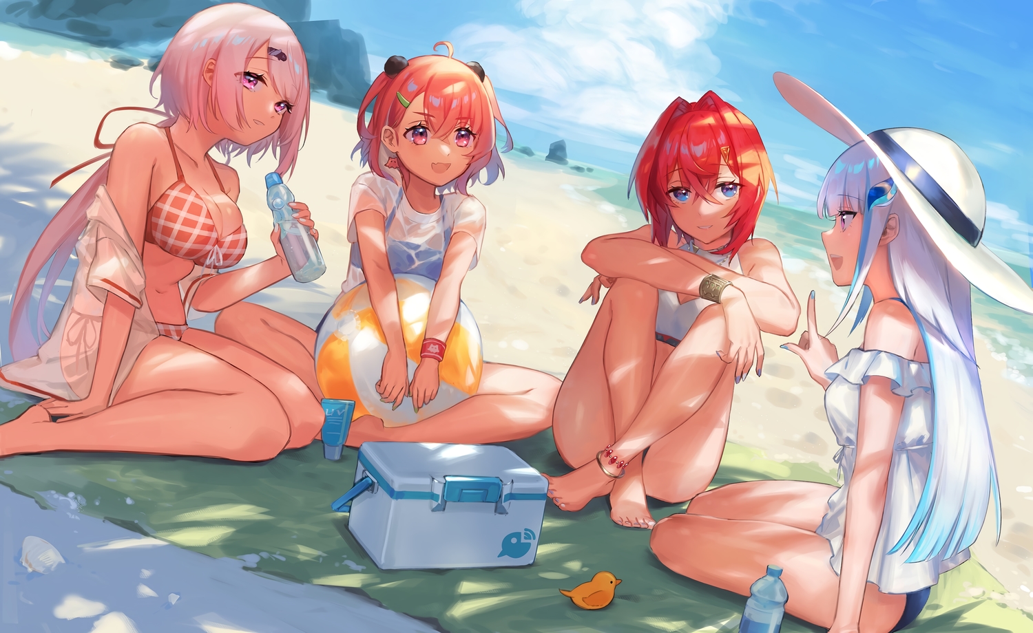 ange_katrina, animal, animal_ears, ball, barefoot, beach, bikini, bird