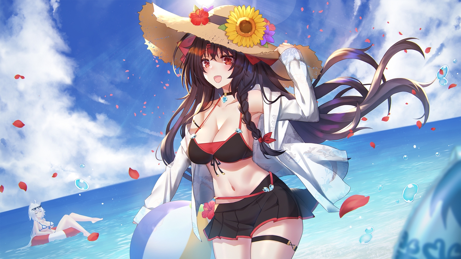 2girls, ashisi, ball, bikini, blush, braids, breasts, brown_hair