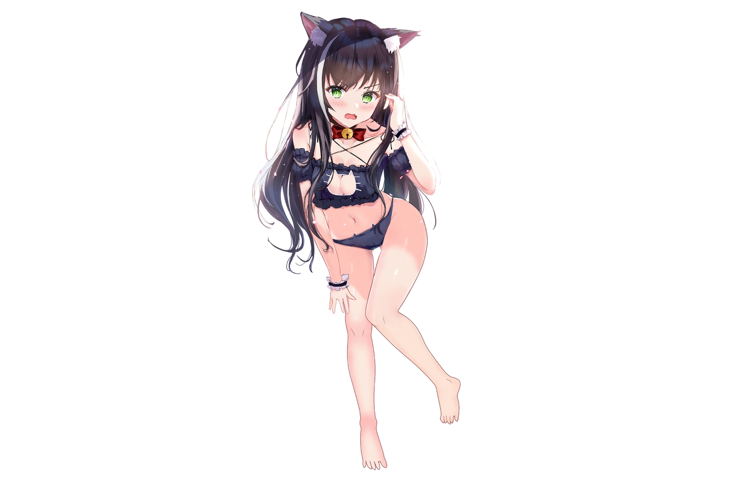 animal_ears, barefoot, bell, black_hair, blush, bow, breasts, cameltoe, catgirl, choker, cleavage, fang, green_eyes, karyl, long_hair, panties, princess_connect!, third-party_edit, underwear, white, wristwear, yukizawa_xueze