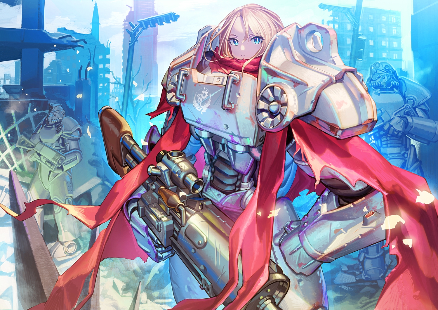 aqua_eyes, armor, blonde_hair, fallout, gesoking, gun, mecha, mechagirl