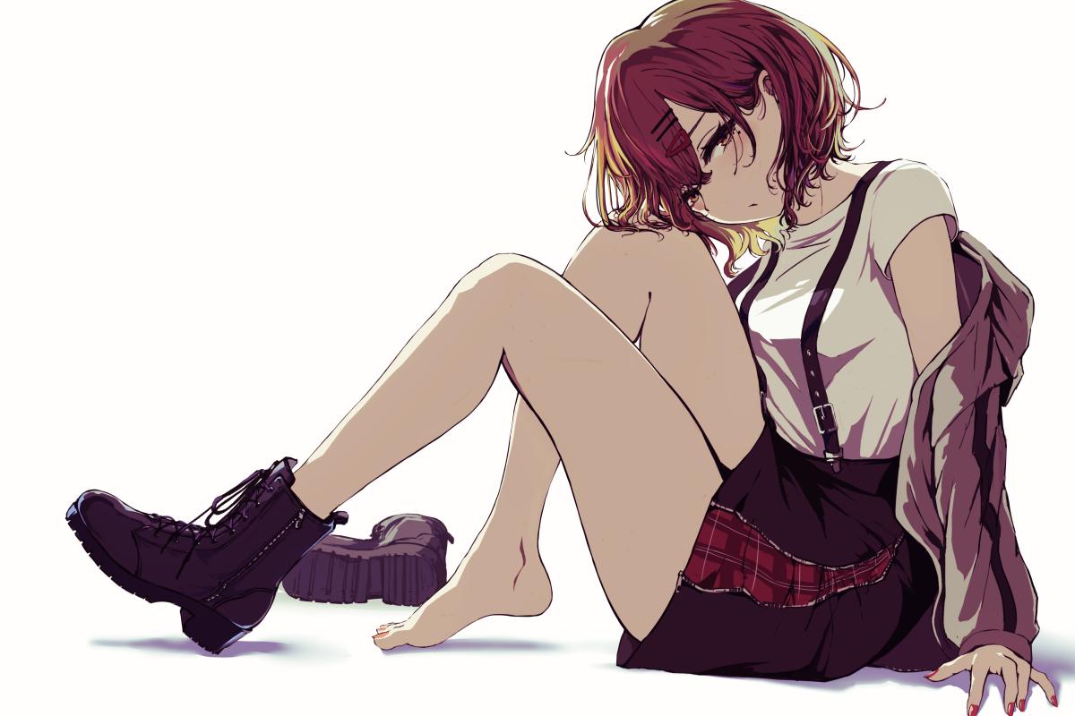 barefoot, blush, boots, brown_eyes, higuchi_madoka, hood, idolmaster, idolmaster_shiny_colors