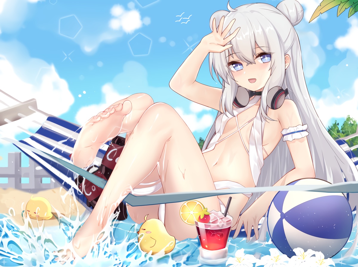anthropomorphism, azur_lane, ball, barefoot, blush, clouds, drink, flowers