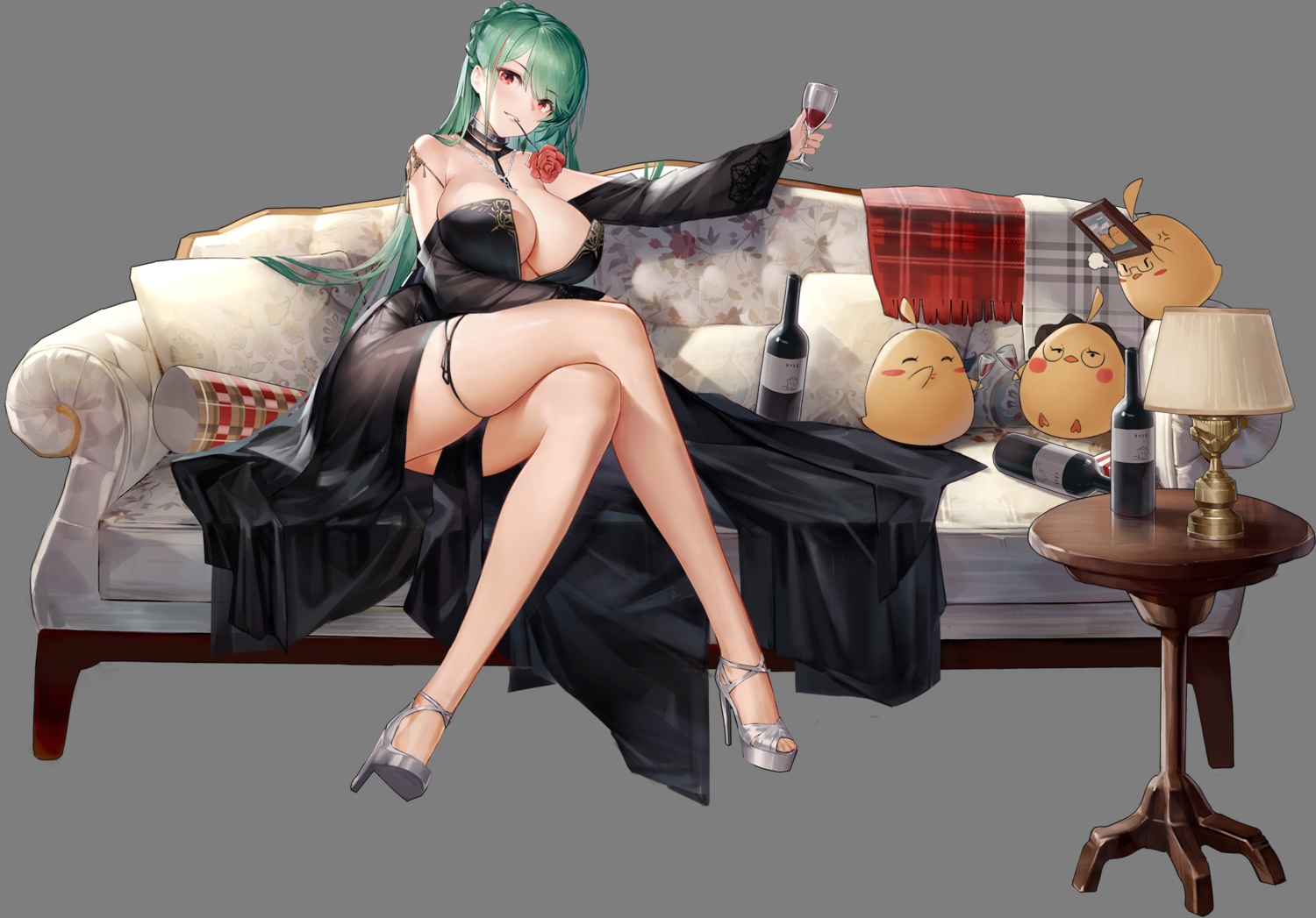 animal, anthropomorphism, azur_lane, bird, braids, couch, dress, drink, flowers, green_hair, gujianshaonu, littorio_(azur_lane), long_hair, manjuu_(azur_lane), no_bra, red_eyes, rose, transparent