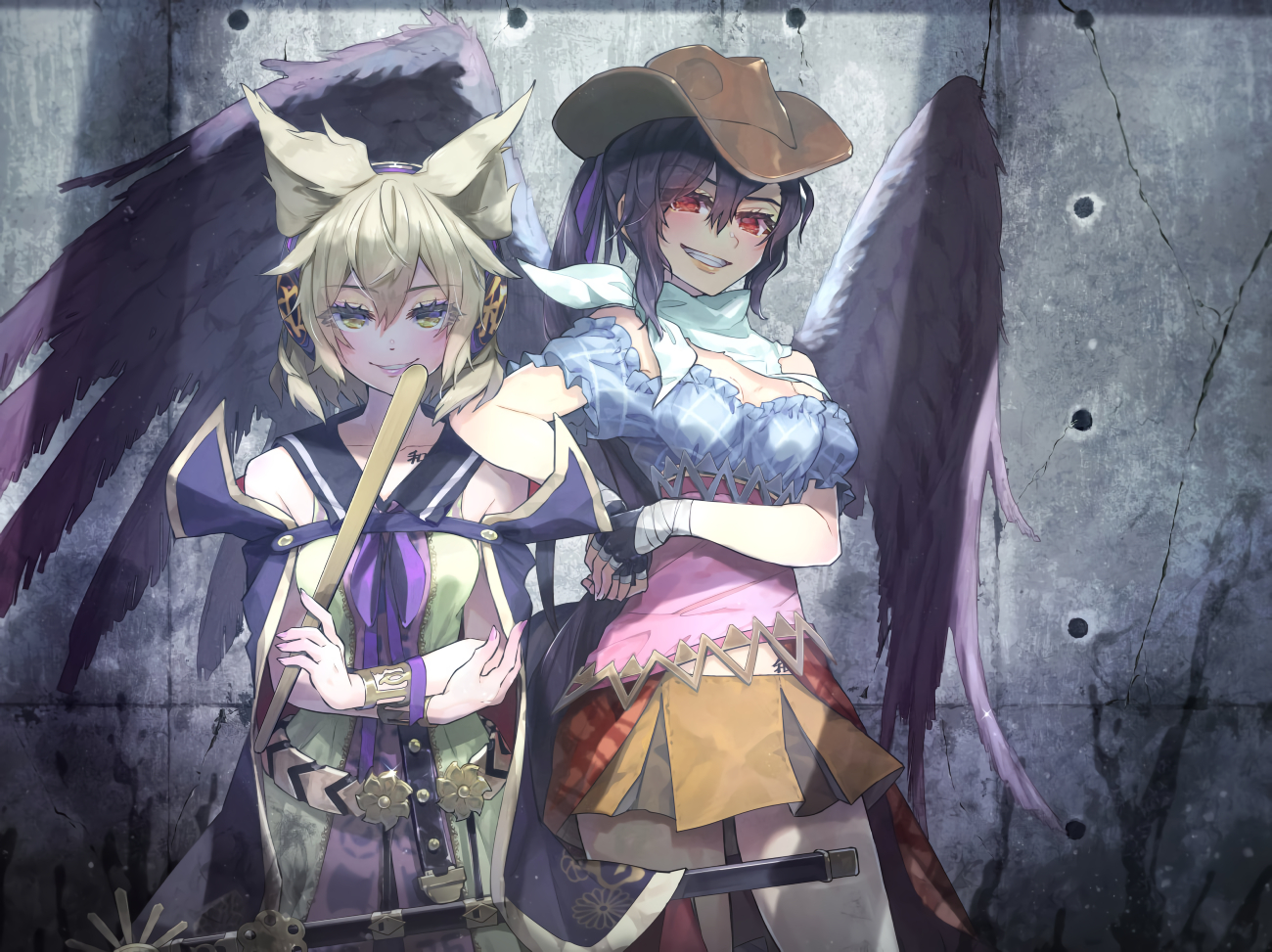 2girls, cowgirl, feathers, kurokoma_saki, syuri22, touhou, toyosatomimi_no_miko, wings