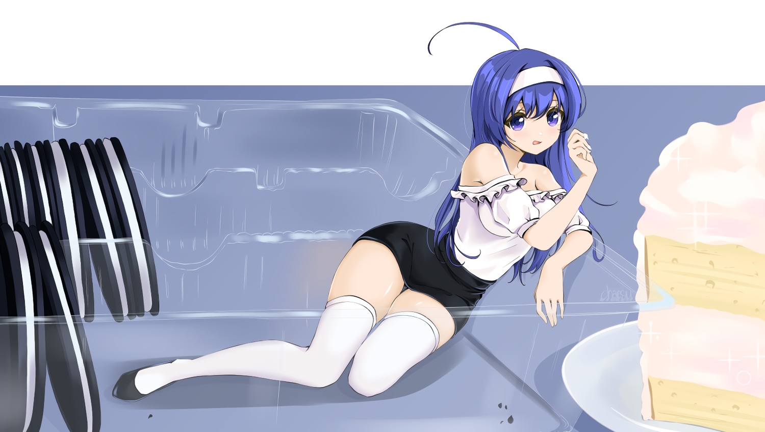 blue_eyes, blue_hair, cake, chaesu, food, headband, long_hair, orie_ballardiae, skirt, under_night_in-birth, zettai_ryouiki