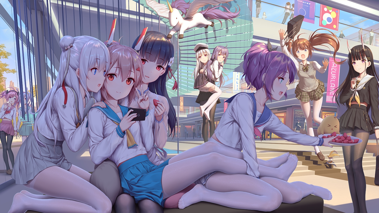 anthropomorphism, ayanami_(azur_lane), azur_lane, black_hair, blue_eyes, blush, brown_hair, building, enterprise_(azur_lane), food, fruit, fu_shun_(azur_lane), gray_hair, group, himitsu_(hi_mi_tsu_2), horns, hug, javelin_(azur_lane), laffey_(azur_lane), le_malin_(azur_lane), loli, long_hair, manjuu_(azur_lane), ning_hai_(azur_lane), noshiro_(azur_lane), pantyhose, phone, ping_hai_(azur_lane), pink_hair, ponytail, purple_eyes, purple_hair, red_eyes, saratoga_(azur_lane), school_uniform, skirt, strawberry, twintails, unicorn_(azur_lane), white_hair, yat_sen_(azur_lane)