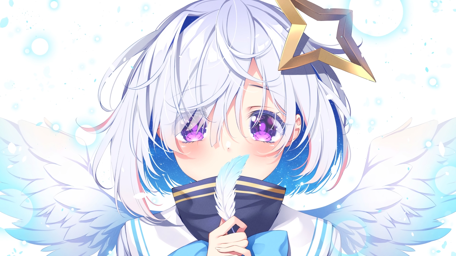 amane_kanata, angel, blush, chiyonekoko, close, feathers, gray_hair, halo