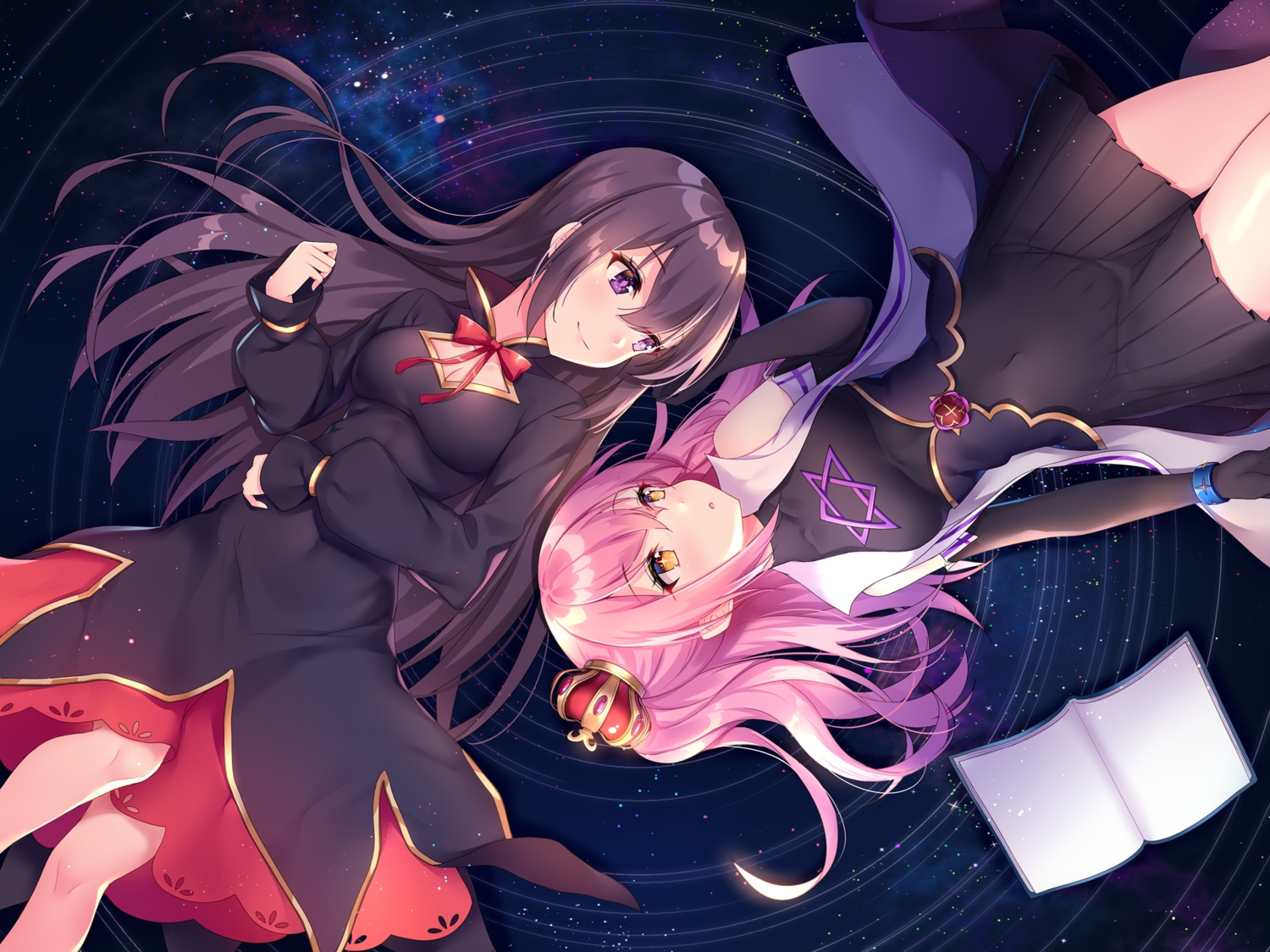 2girls, blush, book, brown_hair, crown, elbow_gloves, gloves, ju_topia