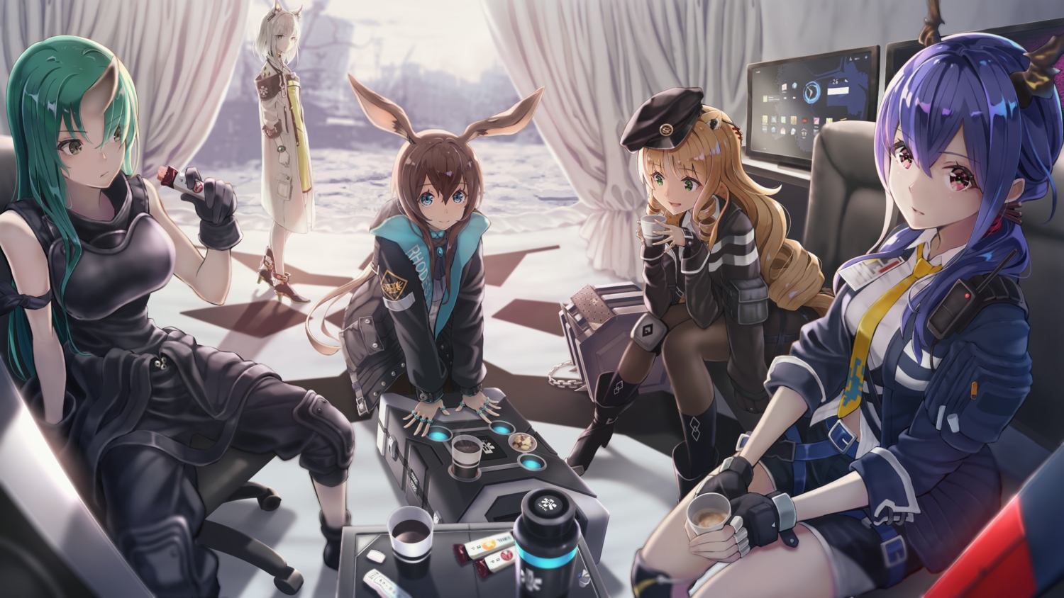 aliasing, amiya_(arknights), animal_ears, arknights, black_eyes, blonde_hair, blue_eyes, blue_hair