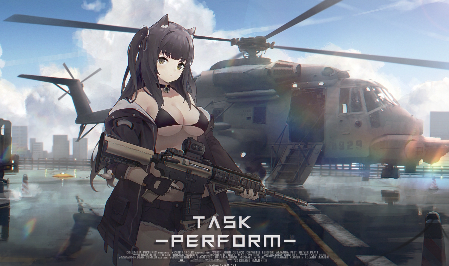 animal_ears, banxuan_c2ka, bikini_top, black_hair, blush, building, catgirl, city, clouds, gloves, gun, long_hair, open_shirt, original, parody, shorts, sky, watermark, weapon