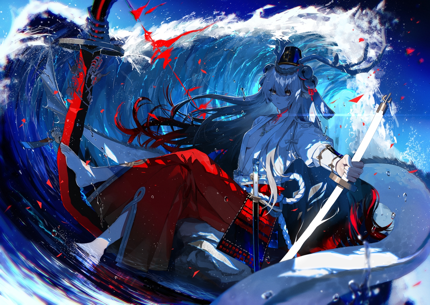 barefoot, bell, breasts, fuuna_(conclusion), horns, japanese_clothes, katana, long_hair