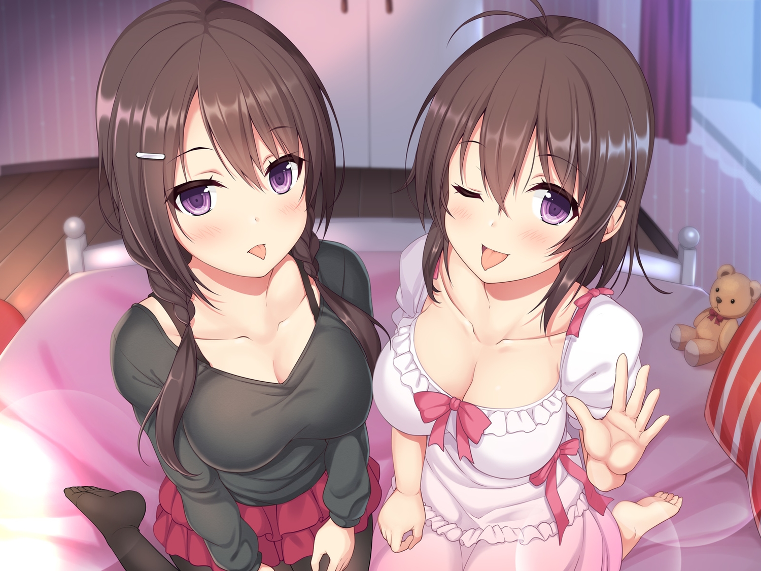 2girls, barefoot, bed, blush, breasts, brown_hair, cleavage, close, long_hair, original, pantyhose, purple_eyes, short_hair, skirt, twins, utsurogi_akira, wink