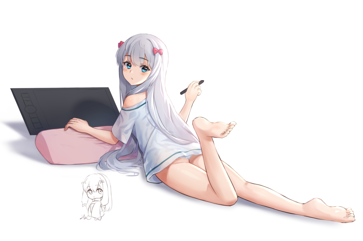 ass, barefoot, blue_eyes, blush, bow, computer, eromanga-sensei, gray_hair, izumi_sagiri, loli, long_hair, lordol, panties, underwear, white