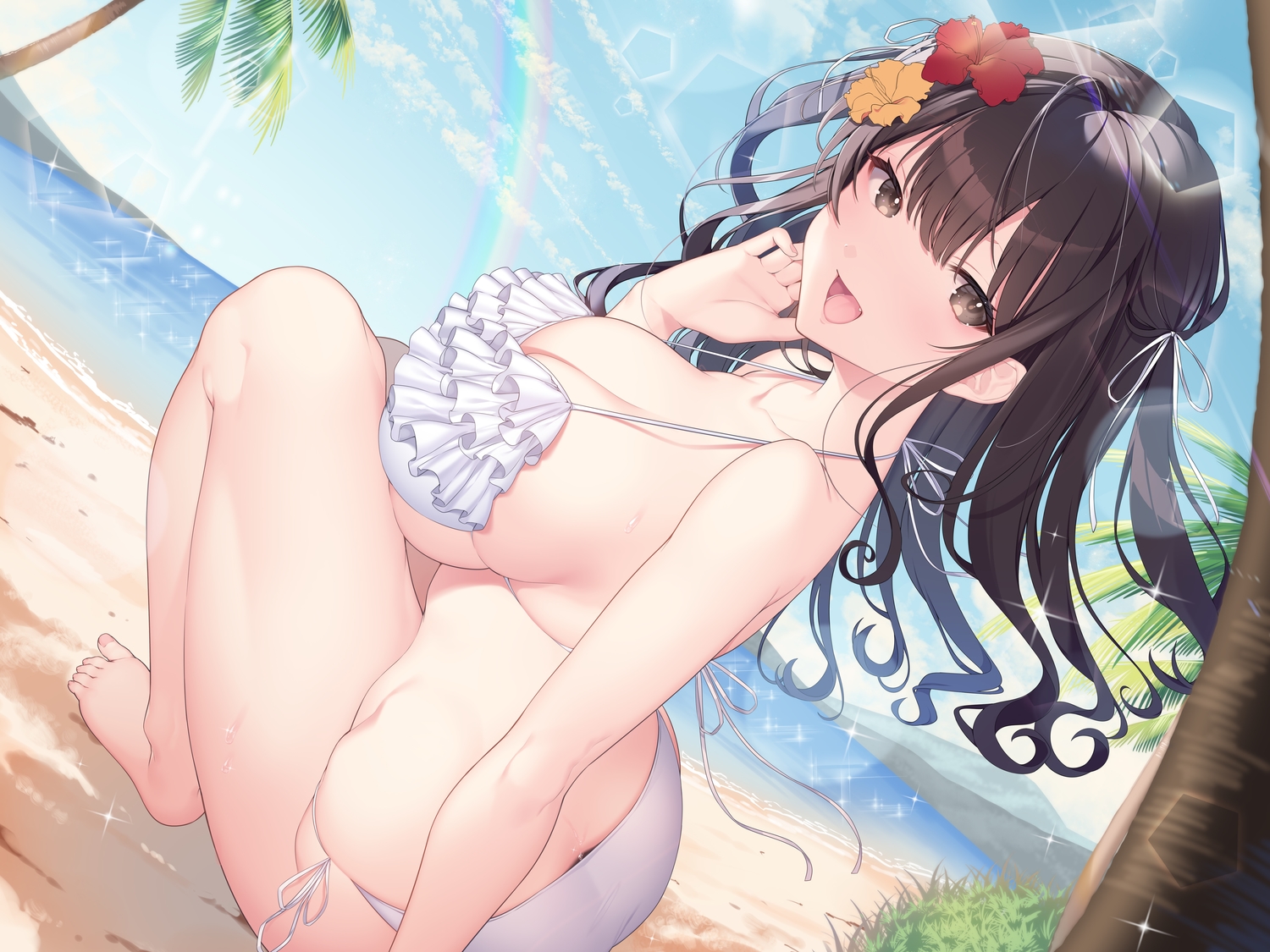 barefoot, beach, bikini, breasts, brown_eyes, brown_hair, cleavage, clouds, fang, long_hair, original, rainbow, sky, sourenkio, swimsuit, tree