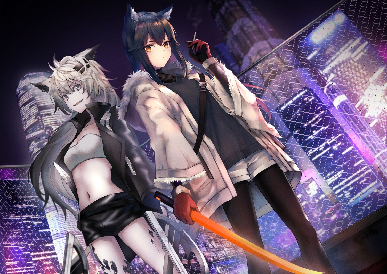 2girls, animal_ears, arknights, breasts, cleavage, lappland_(arknights), long_hair, noan