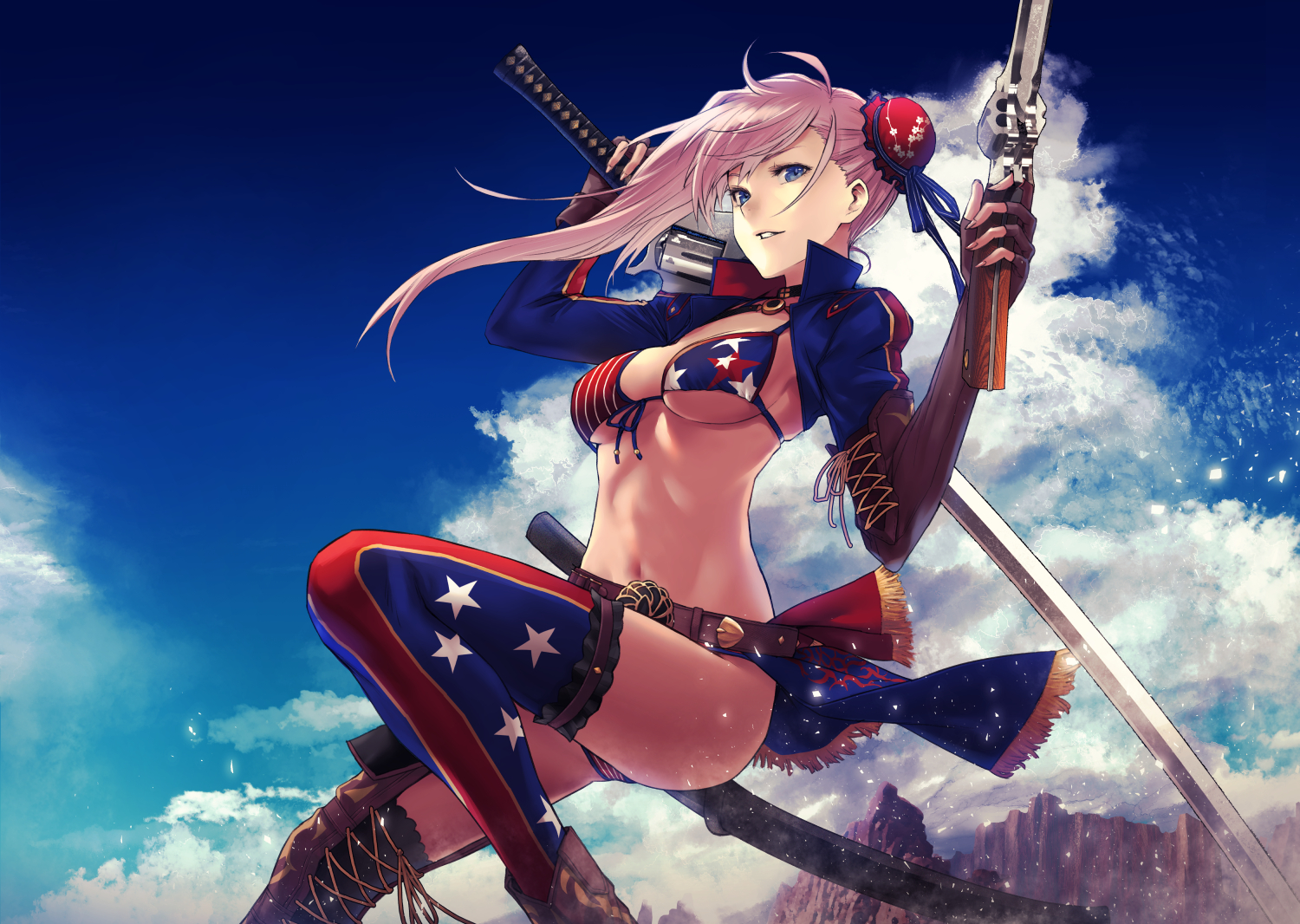 applekun, bikini, blue_eyes, clouds, elbow_gloves, fate/grand_order, fate_(series), gloves, gun, katana, miyamoto_musashi_(fate/grand_order), navel, open_shirt, pink_hair, sky, swimsuit, sword, thighhighs, weapon