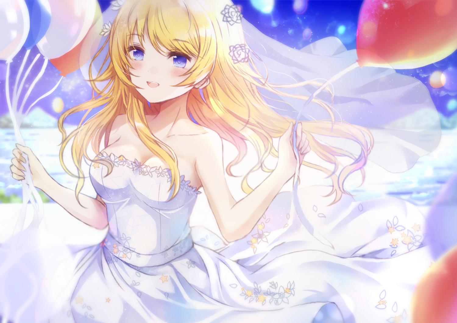 blonde_hair, blue_eyes, blush, hachimiya_meguru, headdress, idolmaster, idolmaster_shiny_colors, long_hair, nametake_(nametake), wedding_attire