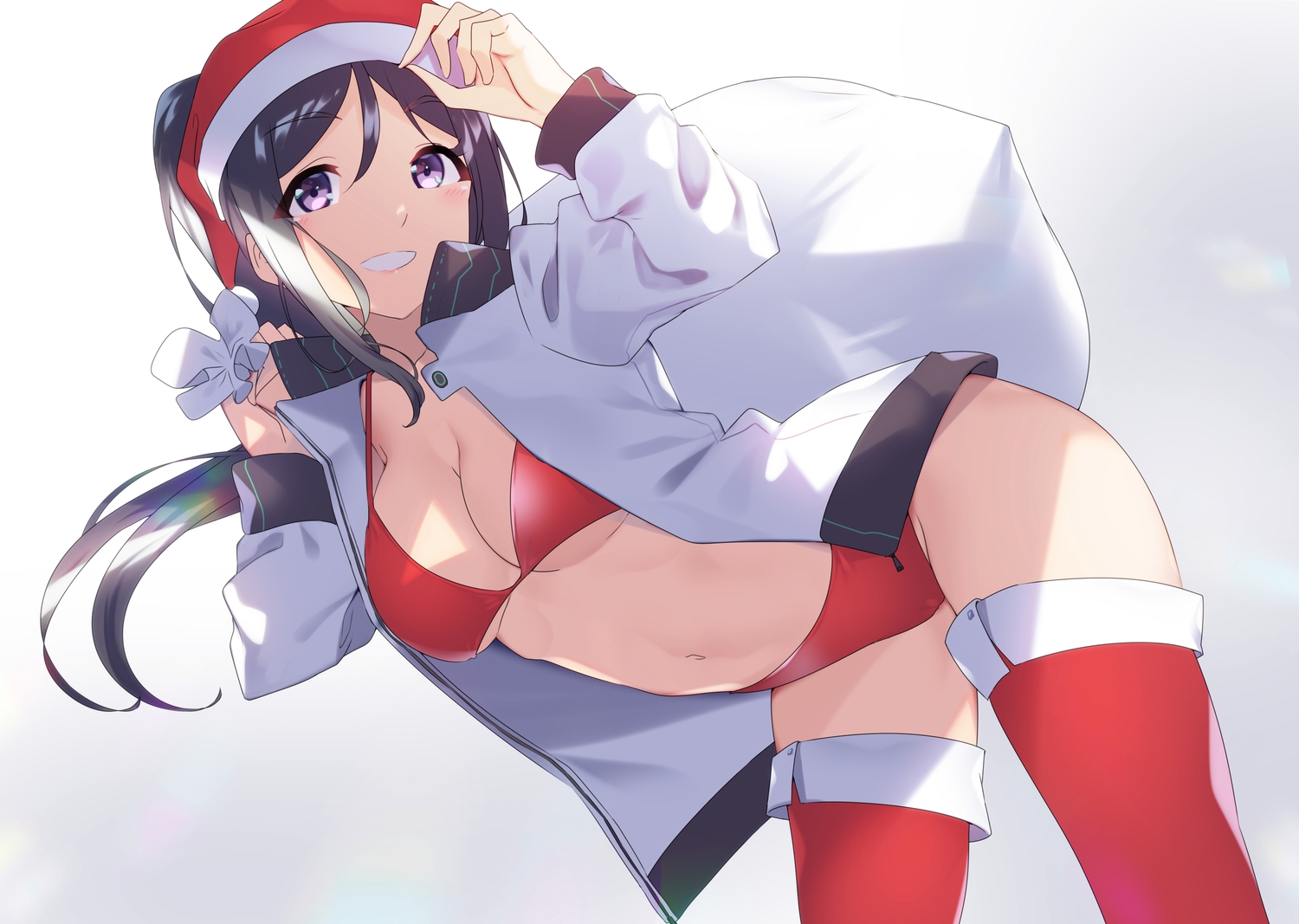 bikini, blush, boots, breasts, cameltoe, christmas, cleavage, long_hair