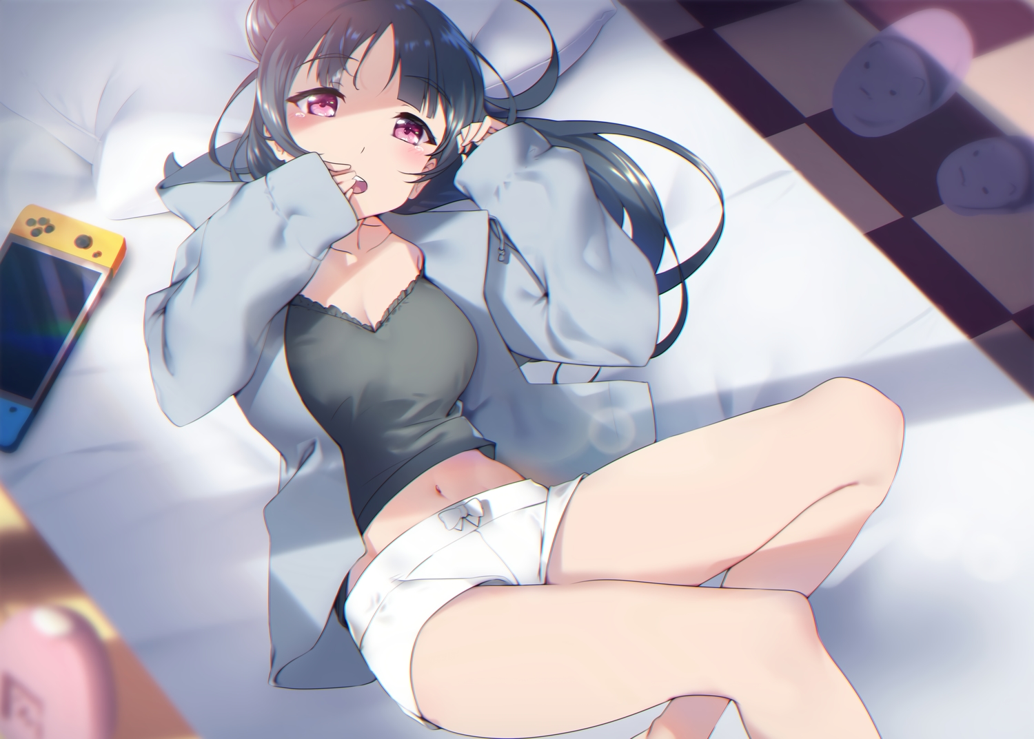 blue_hair, blush, cropped, game_console, hood, long_hair, love_live!_school_idol_project, love_live!_sunshine!!