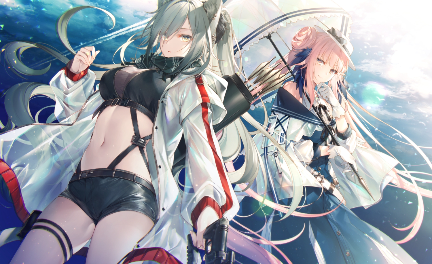 2girls, animal_ears, arknights, blush, catgirl, ceylon_(arknights), dress, garter, garter_belt, gloves, gray_hair, hat, long_hair, navel, open_shirt, pink_hair, ponytail, scarf, schwarz_(arknights), shorts, toosaka_asagi, twintails, umbrella, yellow_eyes