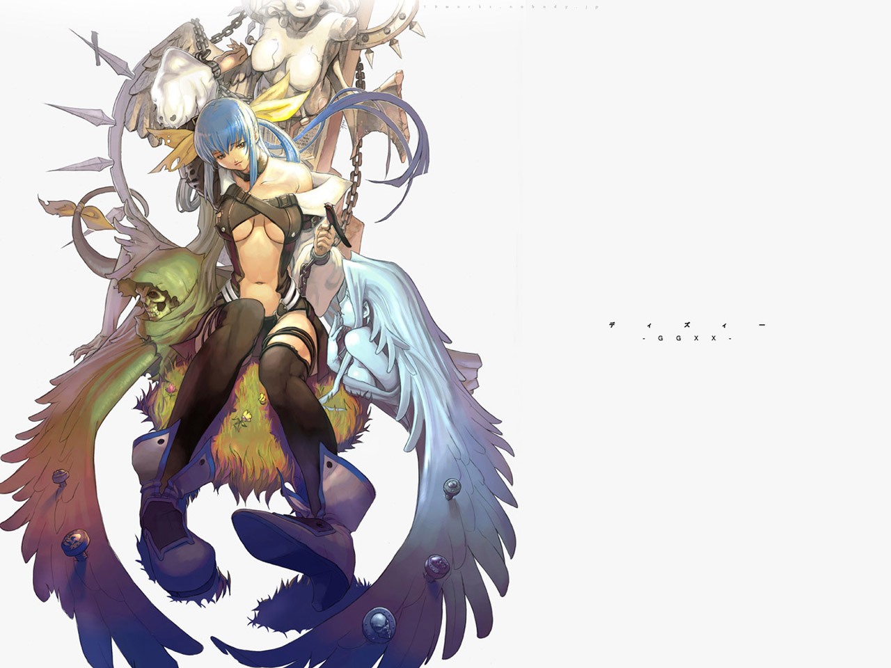 blue_hair, breasts, choker, dizzy, guilty_gear, long_hair, necro_(guilty_gear), no_bra
