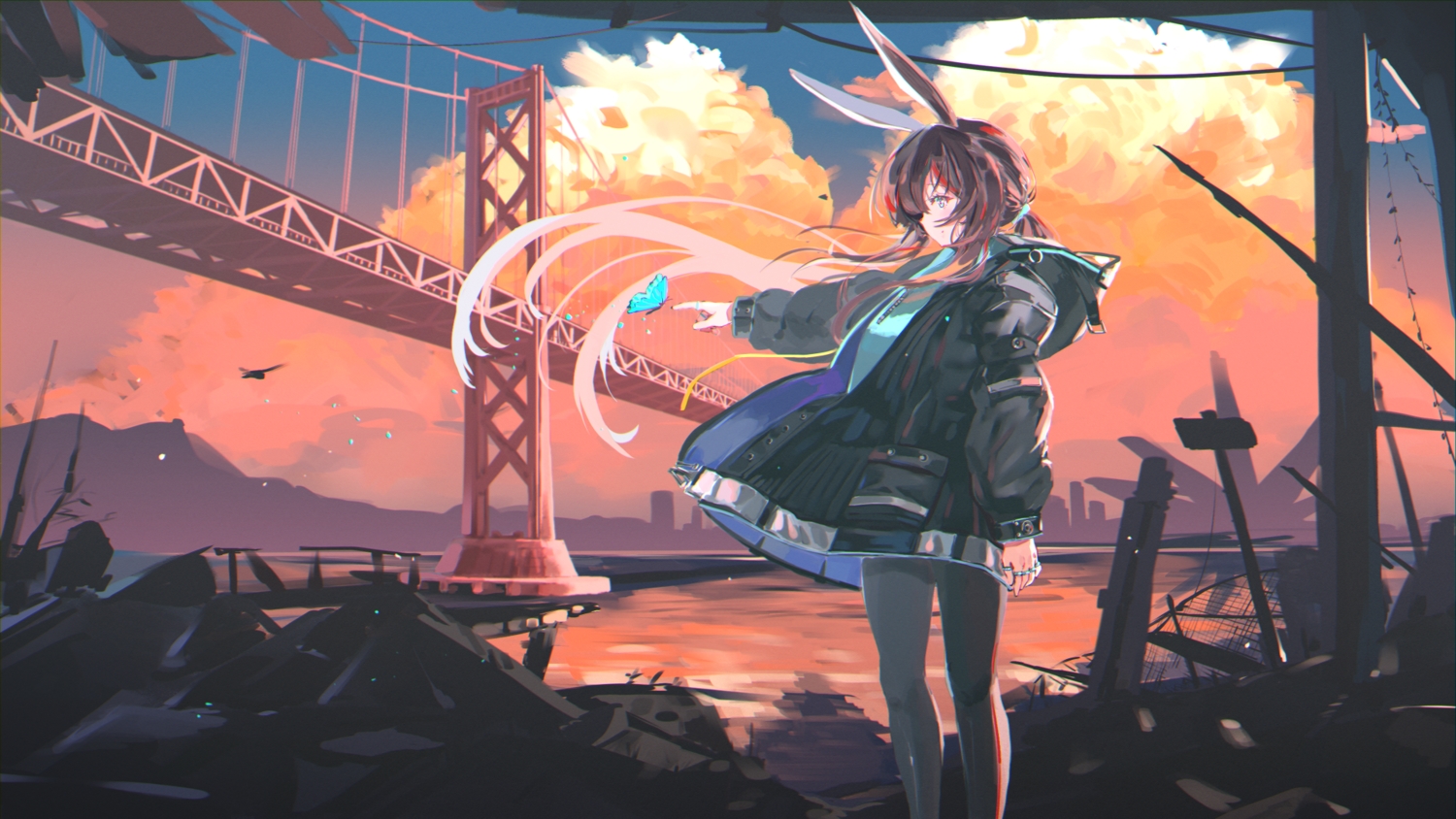 amiya_(arknights), animal_ears, arknights, bunny_ears, bunnygirl, landscape, scenic, sunset, yhes70903