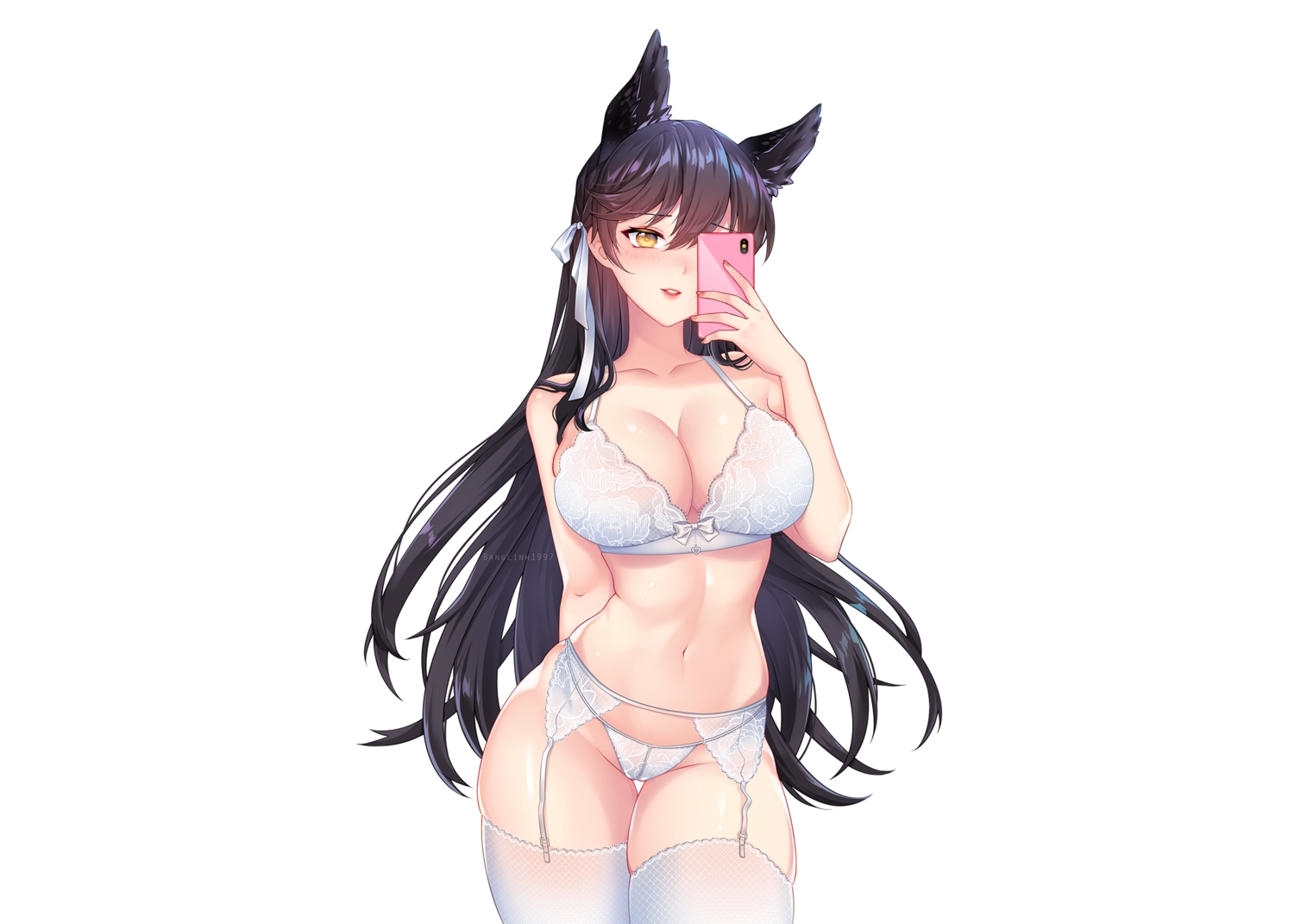 animal_ears, anthropomorphism, atago_(azur_lane), azur_lane, banglinh1997, black_hair, blush, bra, breasts, camera, cleavage, doggirl, garter_belt, long_hair, panties, phone, ribbons, stockings, underwear, watermark, white, yellow_eyes