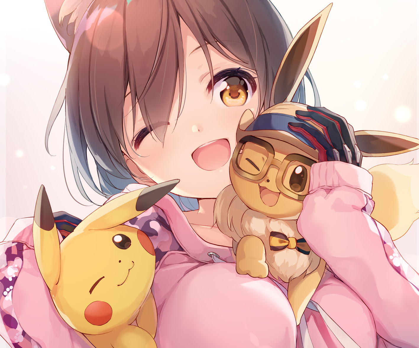 animal_ears, brown_eyes, brown_hair, catgirl, close, cropped, crossover, eevee