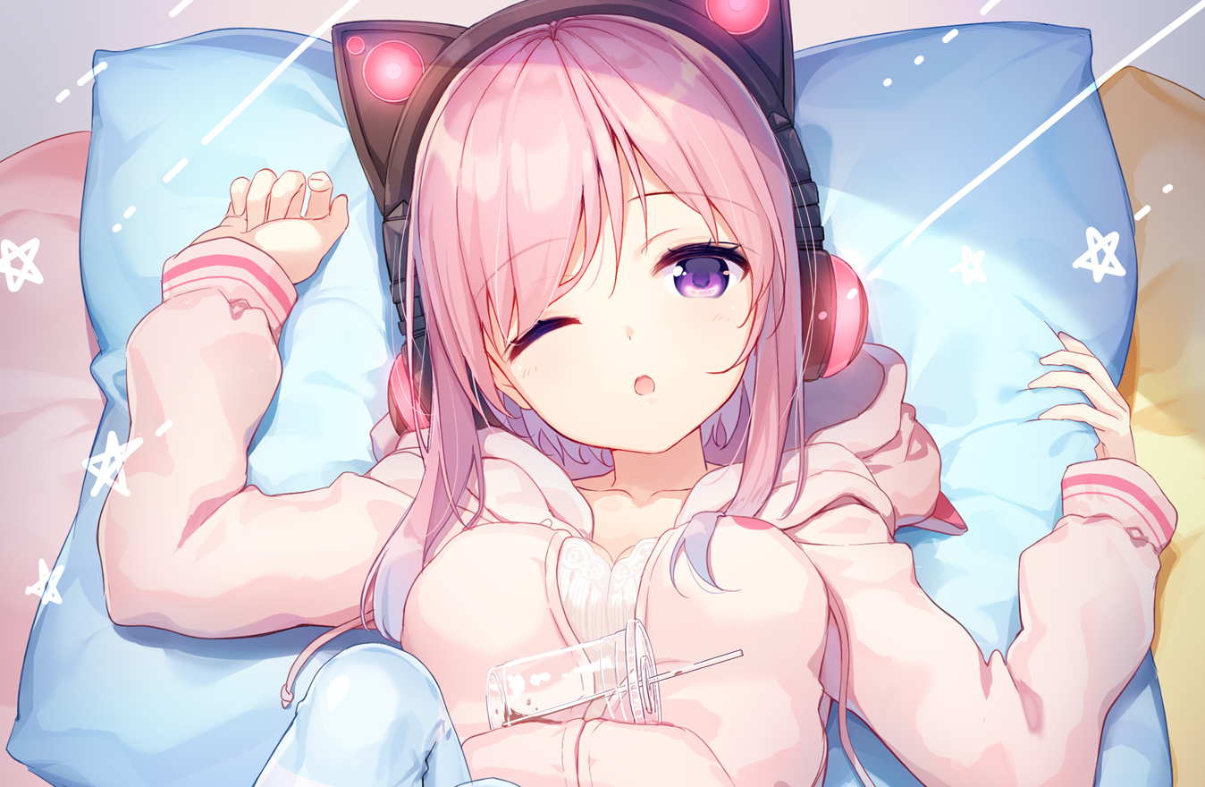 bed, breasts, cleavage, cropped, drink, headphones, himari_channel, himari_(himari_channel), hood, nijihashi_sora, pink_hair, purple_eyes, scan, short_hair, wink